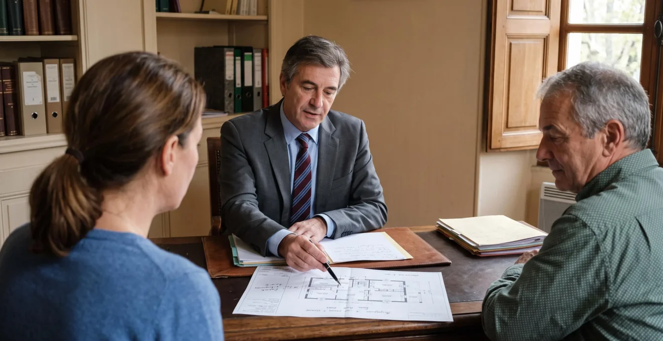 Un avocat commente un plan de propriété posé sur son bureau face à deux propriétaires.