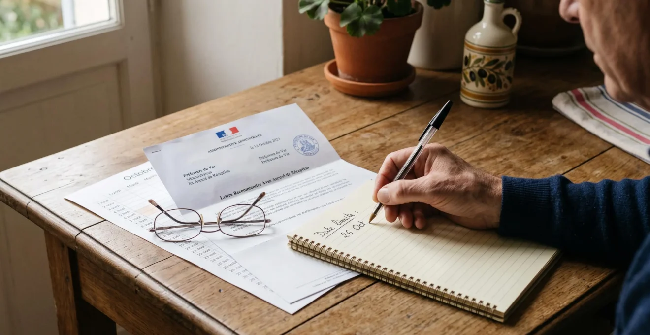 Une main note une date sur un bloc-papier à côté d'une lettre officielle ouverte sur une table.