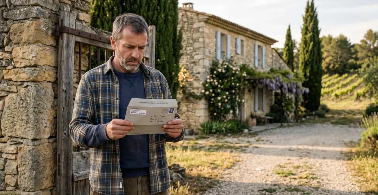 Un propriétaire lit une lettre recommandée officielle devant sa maison en pierre dans le Vaucluse.