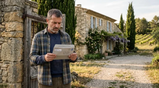 Un propriétaire lit une lettre recommandée officielle devant sa maison en pierre dans le Vaucluse.