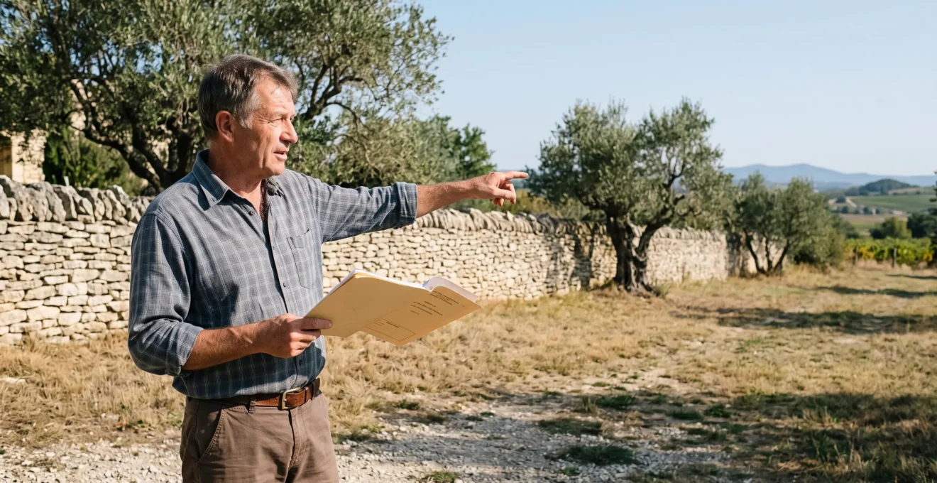 Un propriétaire désigne la limite de son terrain depuis la cour de sa ferme en Provence.