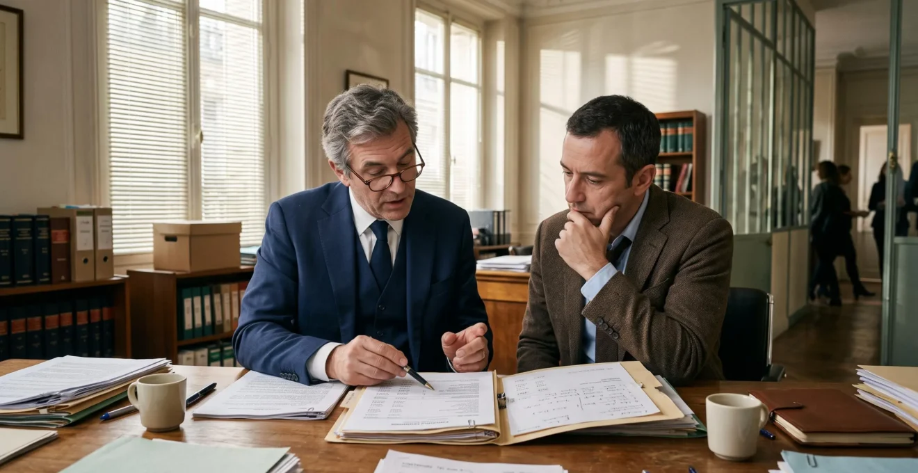 Un avocat et un dirigeant examinent des documents financiers à une table de réunion.