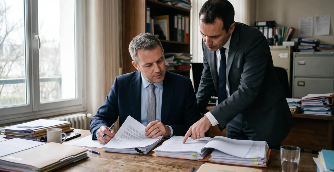 Un dirigeant d'entreprise consulte des documents avec un avocat dans un bureau.