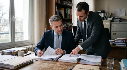 Un dirigeant d'entreprise consulte des documents avec un avocat dans un bureau.