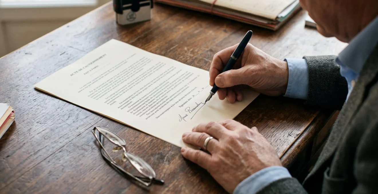 Des mains signent un document de cautionnement sur un bureau en bois.